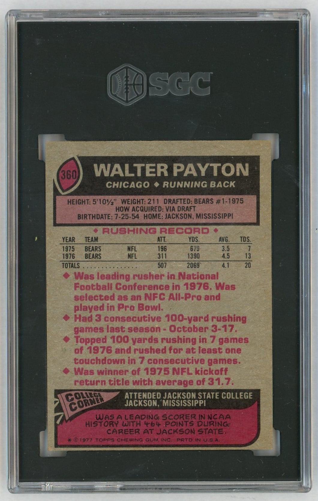 1977 Topps #360 Walter Payton SGC 3
