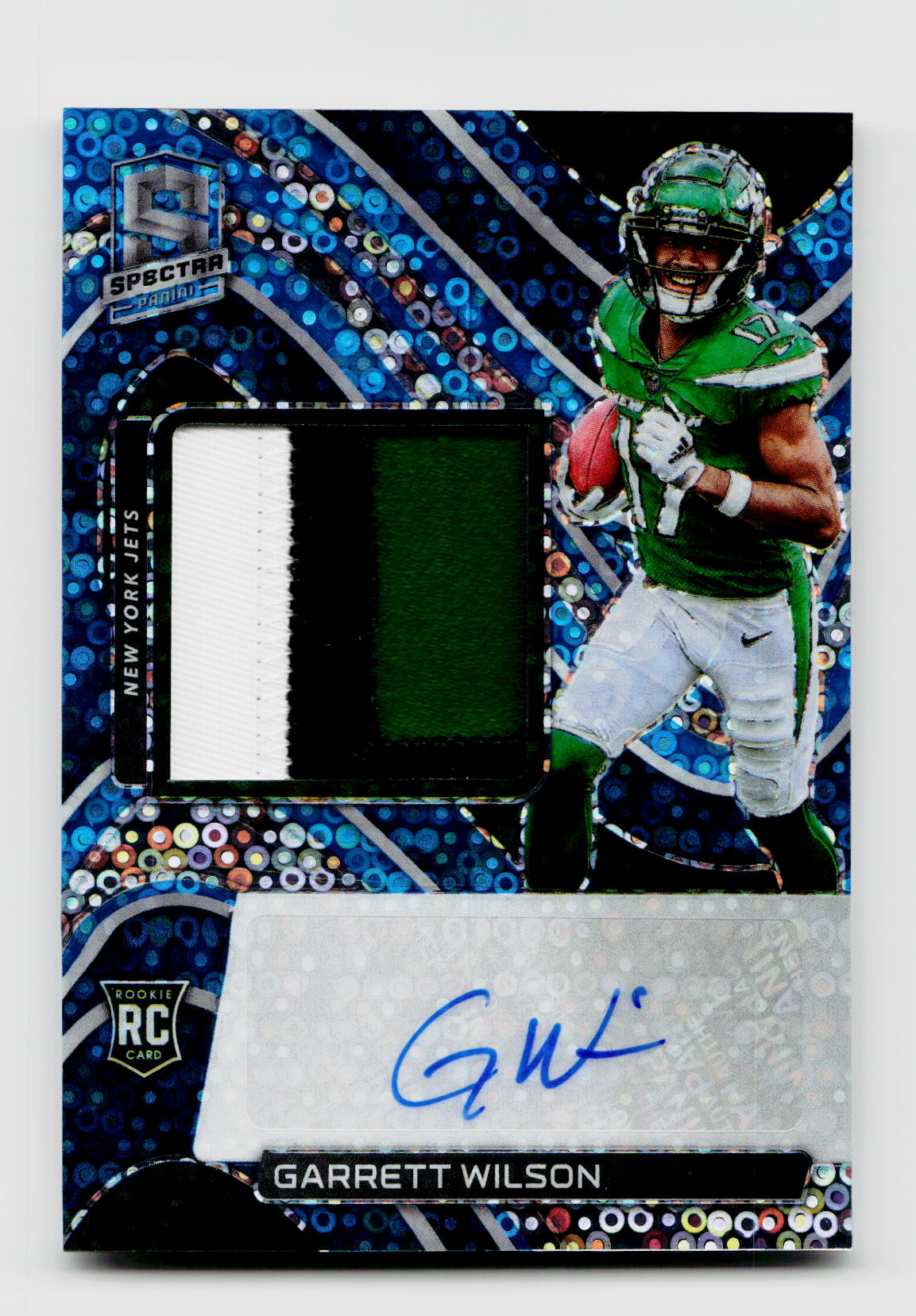 2022 Spectra #205 Garrett Wilson Rookie Patch Auto RC Neon Blue /60