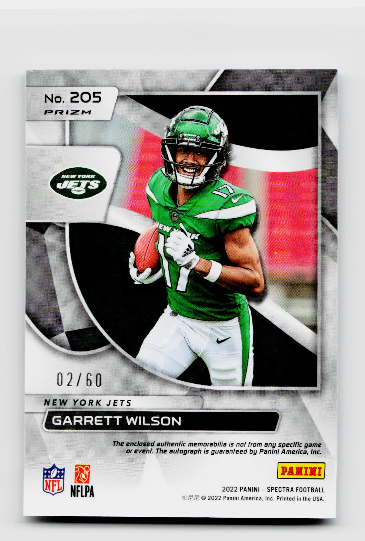 2022 Spectra #205 Garrett Wilson Rookie Patch Auto RC Neon Blue /60