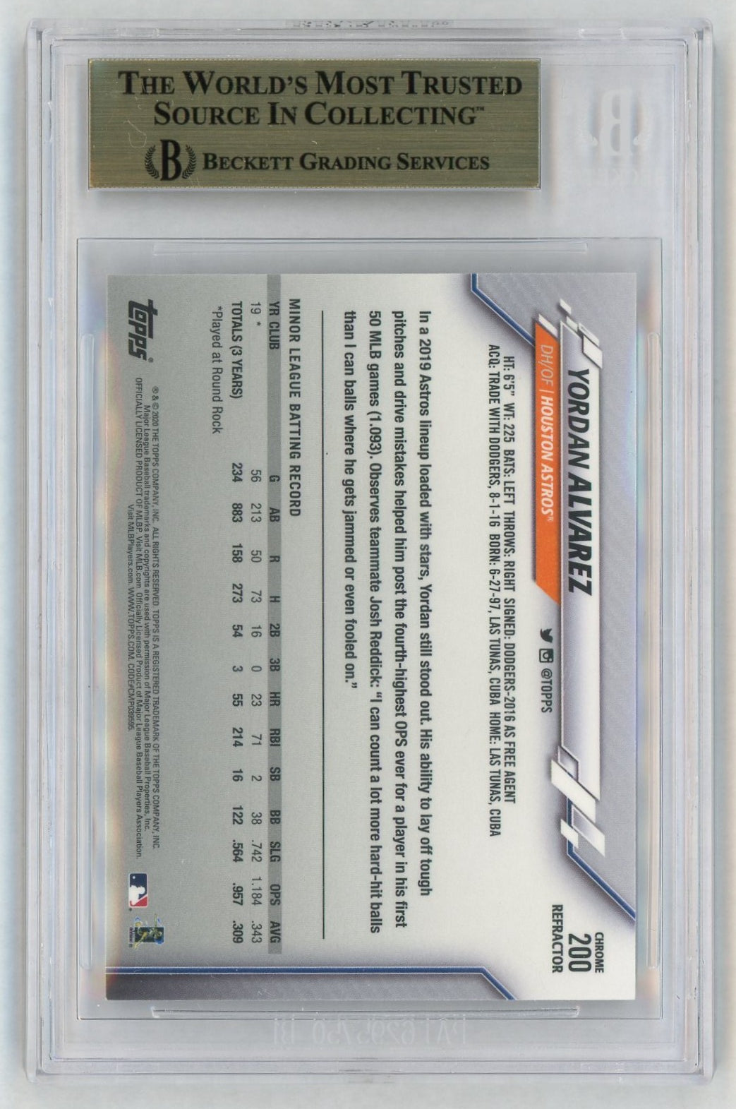 2020 Topps Chrome #200 Yordan Alvarez Sepia Refractor Gold Cup Rookie RC BGS 9.5