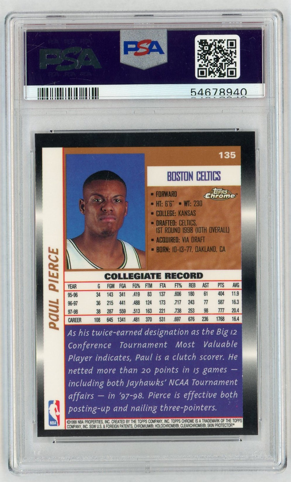 1998 Topps Chrome Rookie Paul Pierce #135 PSA 9