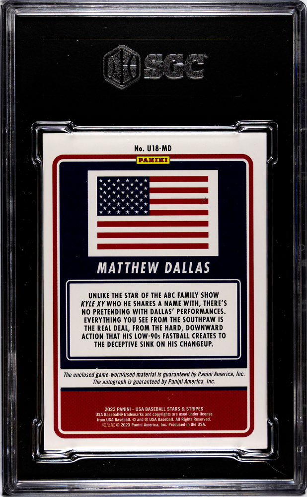 2023 Panini Stars & Stripes #U18-MD Matthew Dallas U-18 World Cup Mat. Auto. /72 SGC 10
