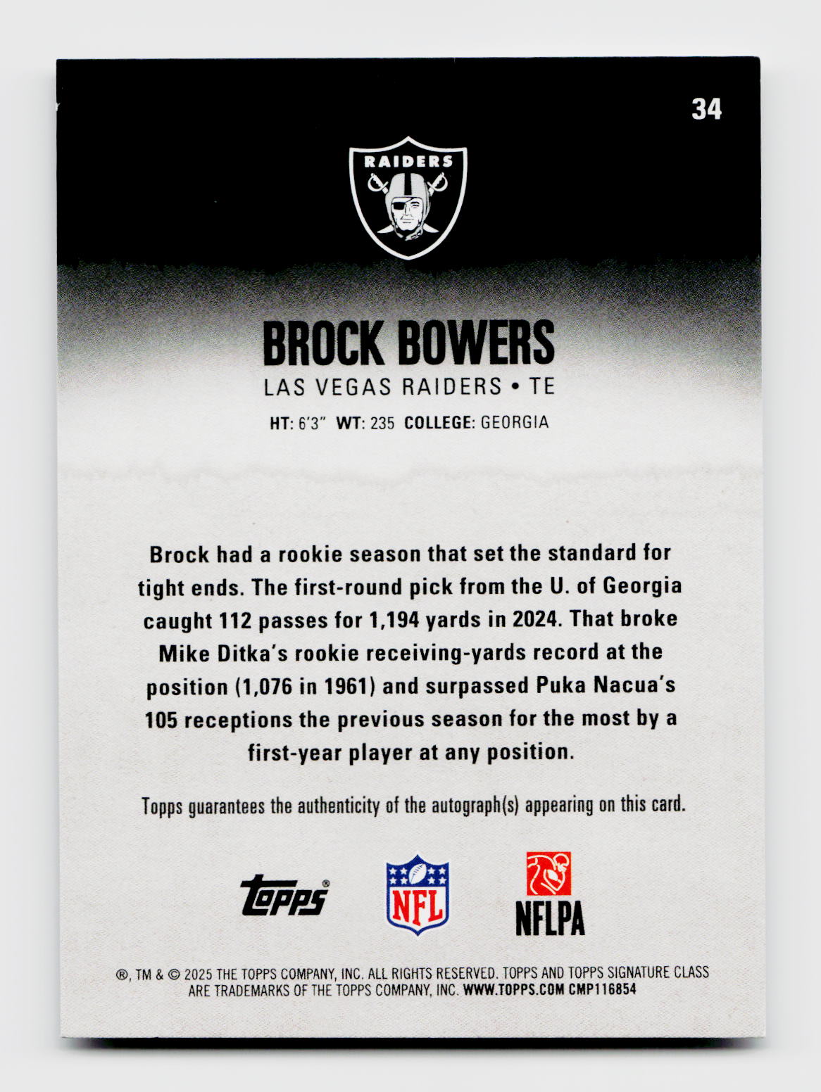 2025 Topps Signature Class Brock Bowers Auto #34