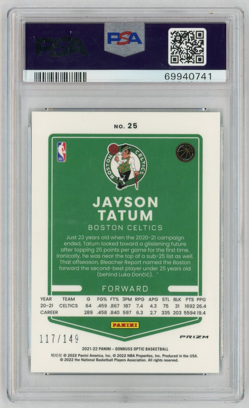 2021 Donruss Optic Lime Green Jayson Tatum #25 /149 PSA 10