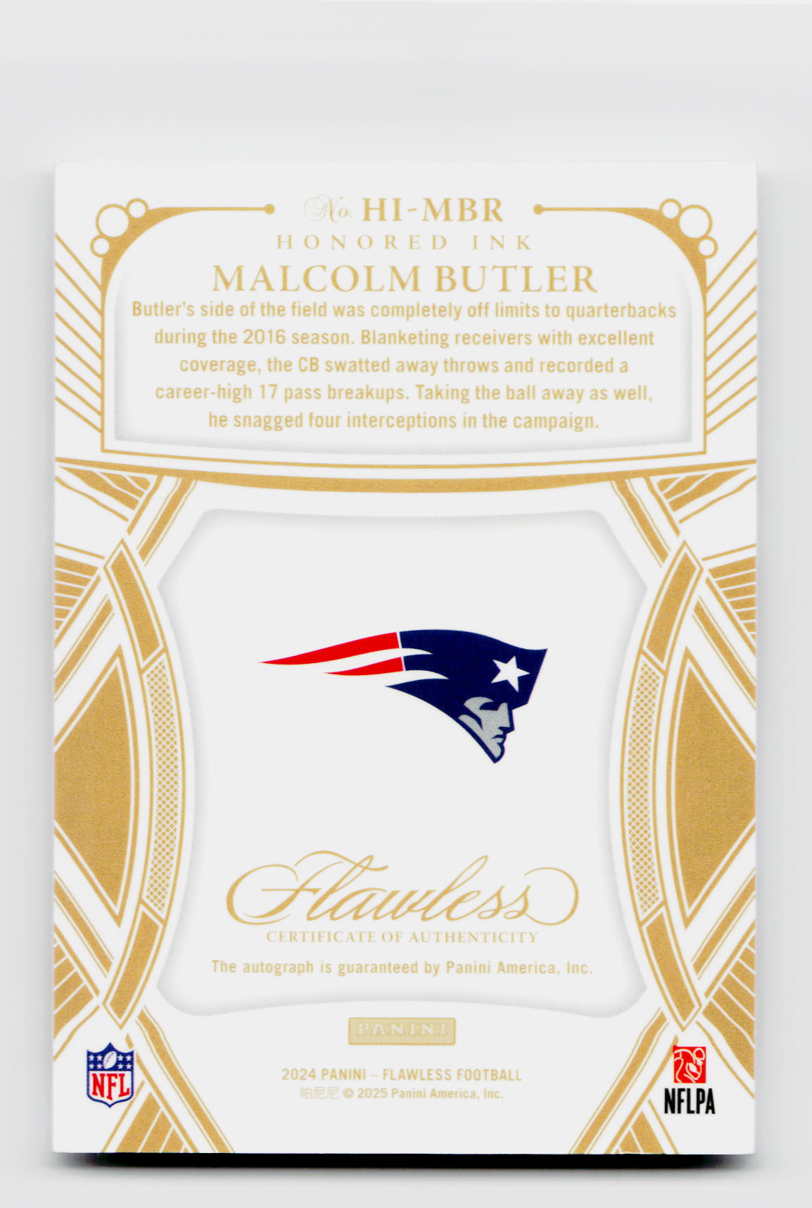2024 Flawless #HI-MBR Malcolm Butler Honored Ink Gold Auto /25