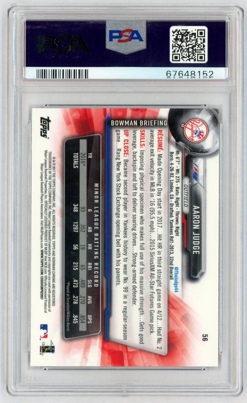 2017 Bowman Chrome Batting Aaron Judge #56 PSA 10