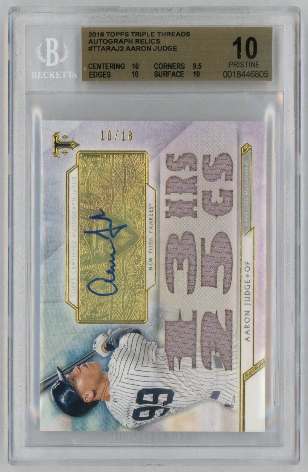 2018 Topps Triple Threads #TTARAJ2 Aaron Judge Patch Auto /18 BGS Pristine 10