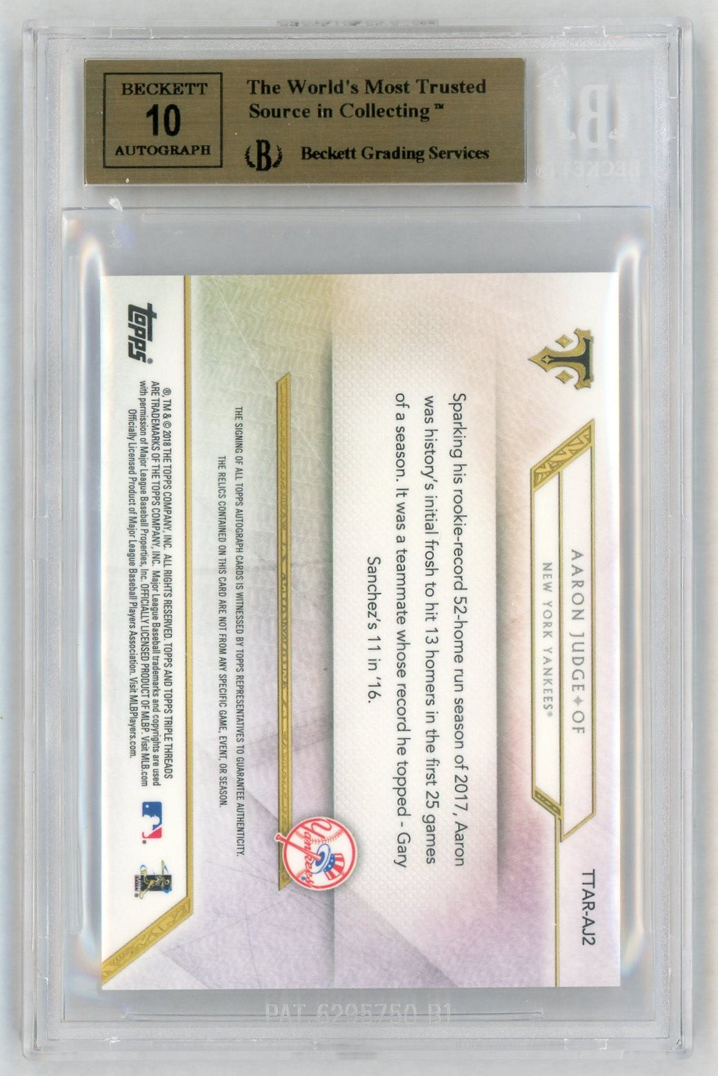 2018 Topps Triple Threads #TTARAJ2 Aaron Judge Patch Auto /18 BGS Pristine 10