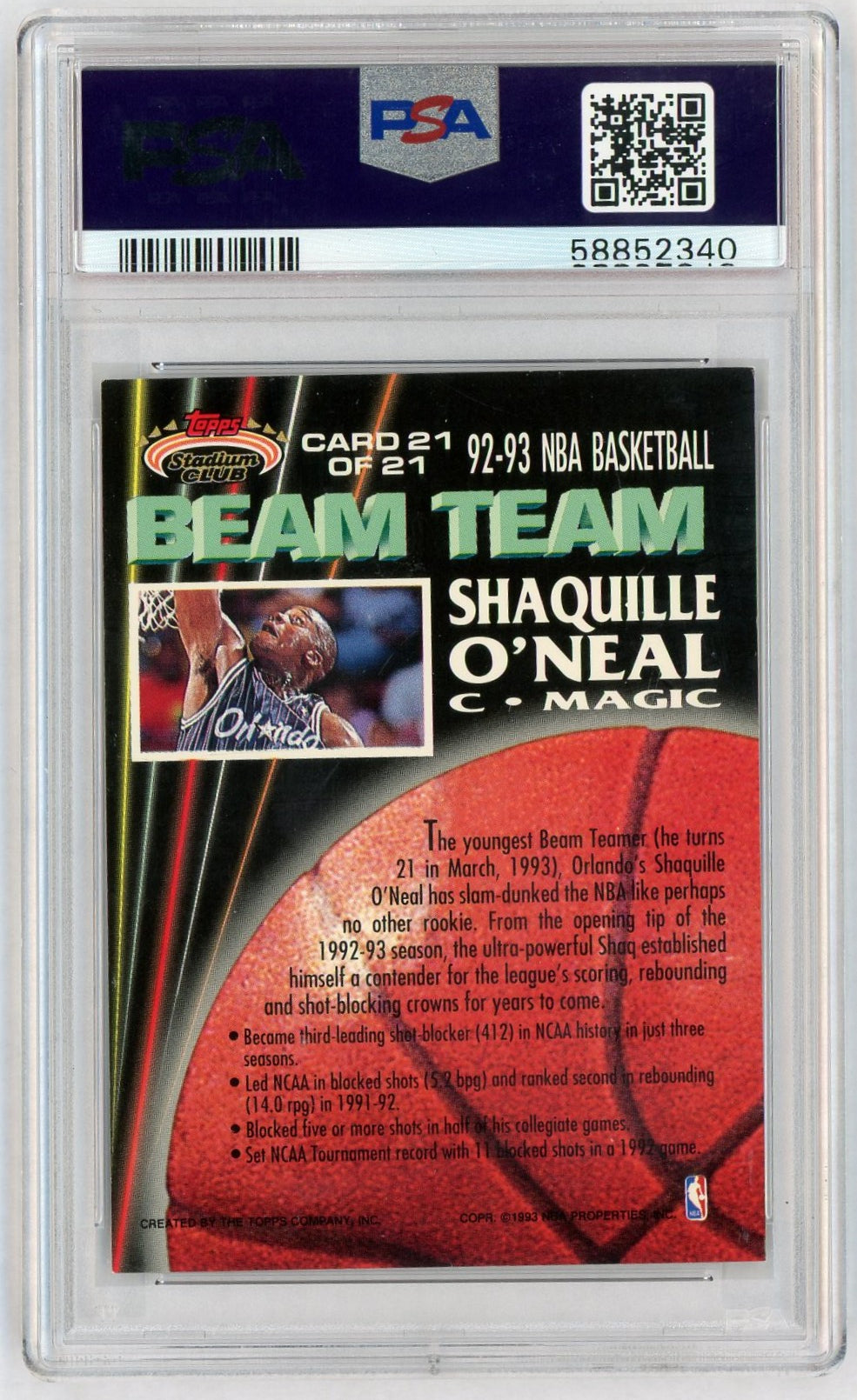 1992 Stadium Club Beam Team Shaquille O'Neal #21 PSA 8