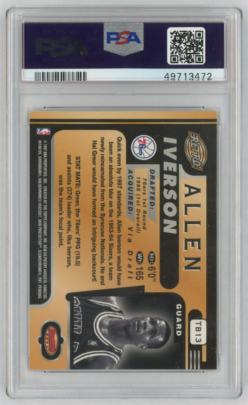 1996 Bowman's Best Retro Allen Iverson #TB13 PSA 9