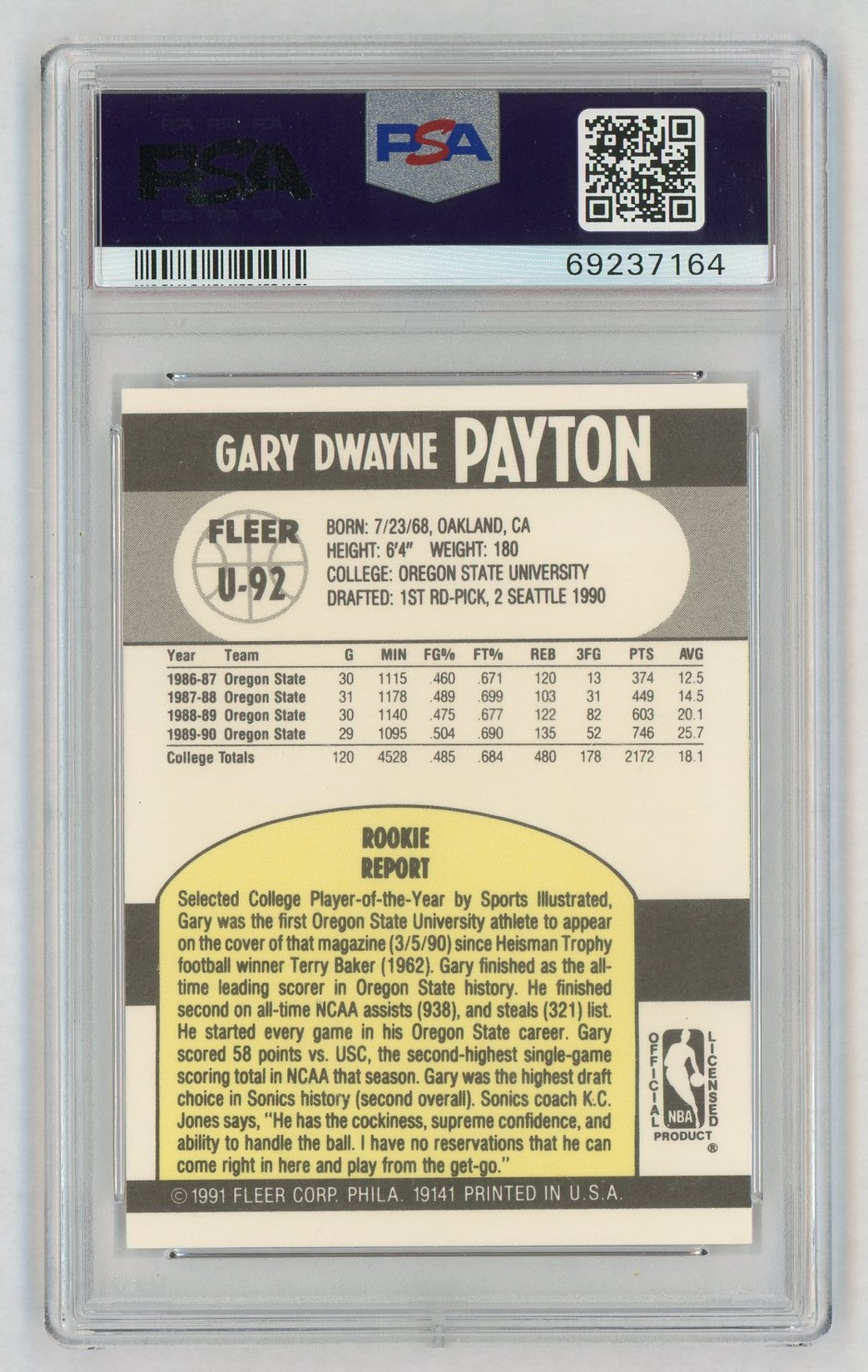 1990 Fleer Update Gary Payton #U92 PSA 9