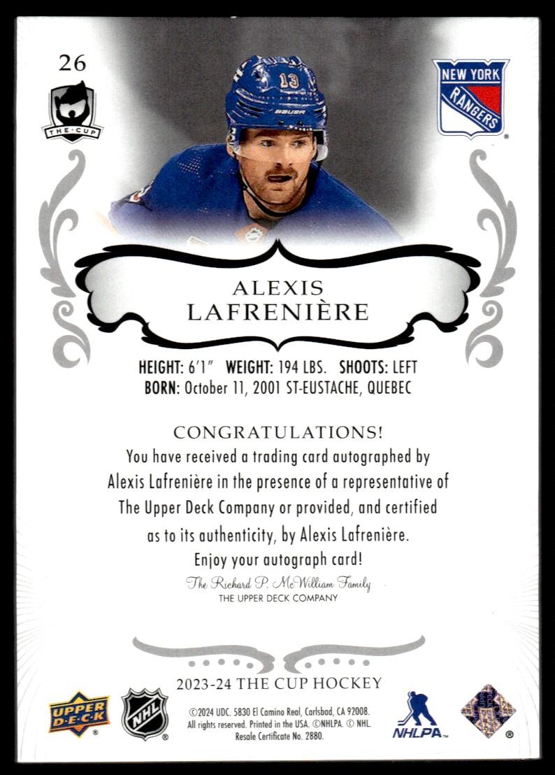 2023 Upper Deck The Cup 26 Alexis Lafrenière /12 VG New York Rangers Auto