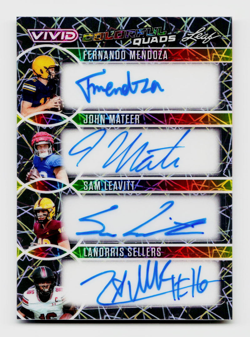 2025 Leaf Vivid #CQ-5 Fernando Mendoza/John Mateer/Sam Leavitt/LaNorris Sellers Colorful Quads Auto /3