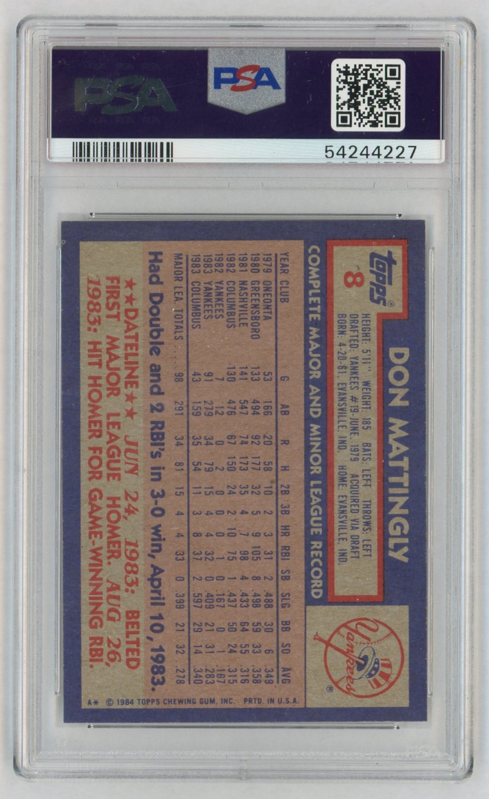 1984 Topps Don Mattingly #8 PSA 8