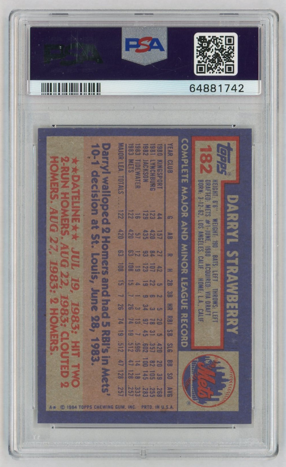 1984 Topps Darryl Strawberry #182 PSA 8 64881742