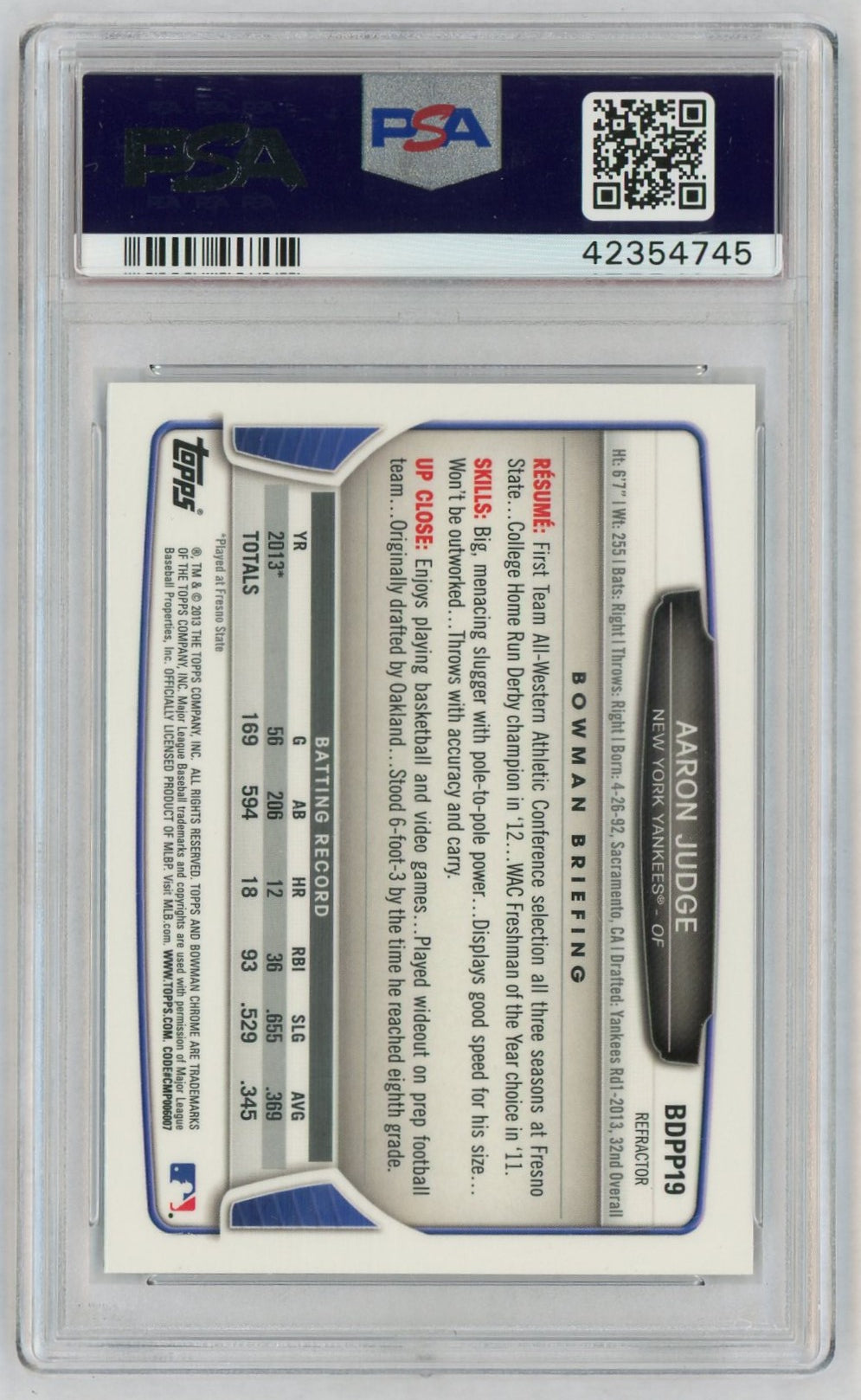 2013 Bowman Chrome Draft Picks and Prospect Refractor Aaron Judge #BDPP19 PSA 10