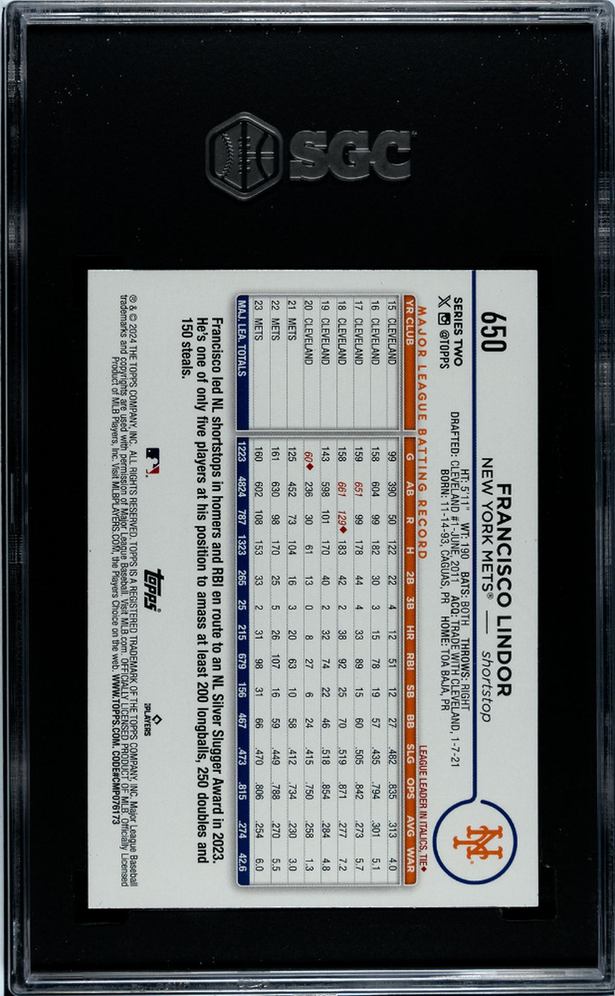 2024 Topps #650 Francisco Lindor Gold Foil SGC 9.5