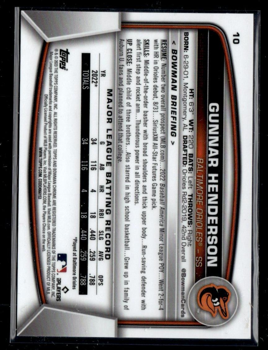 2022 Bowman Chrome Gunnar Henderson #10 RC /50