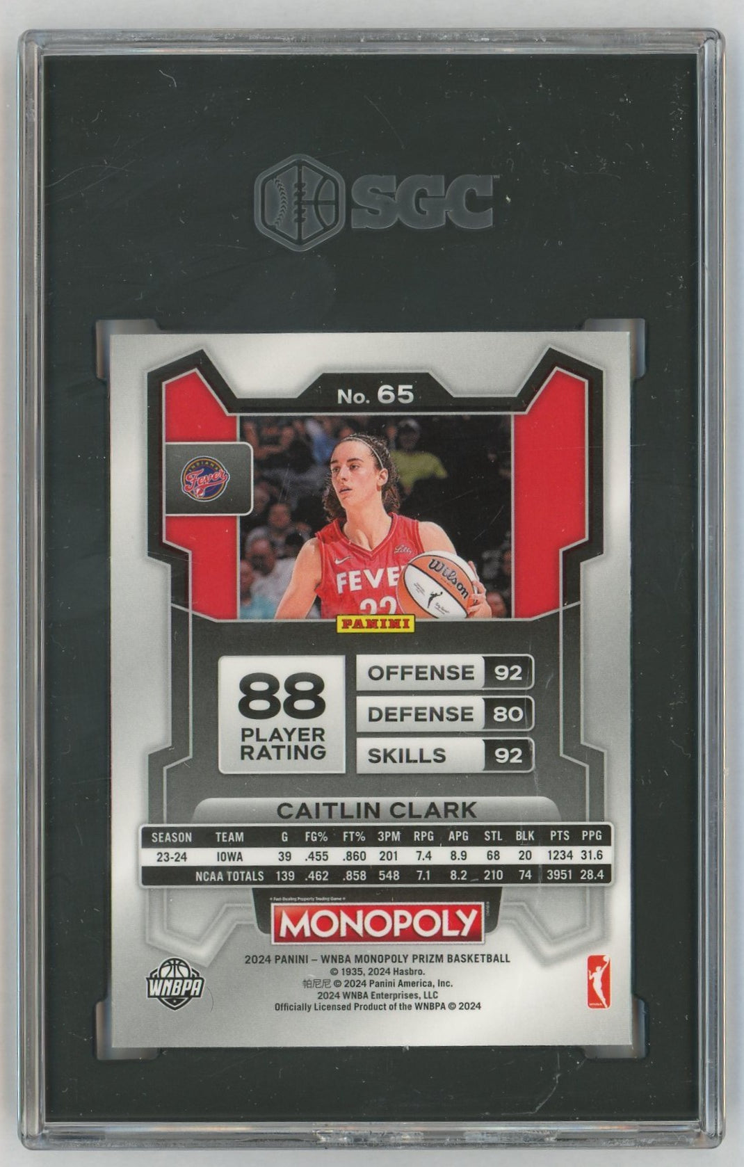 2024 Prizm WNBA Monopoly #65 Caitlin Clark Rookie RC SGC 7