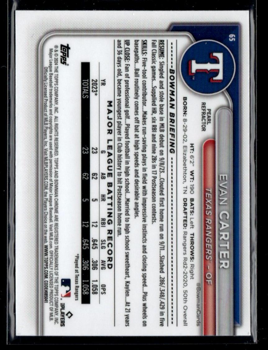 2023 Bowman Chrome Pearl Refractor Evan Carter #65 RC