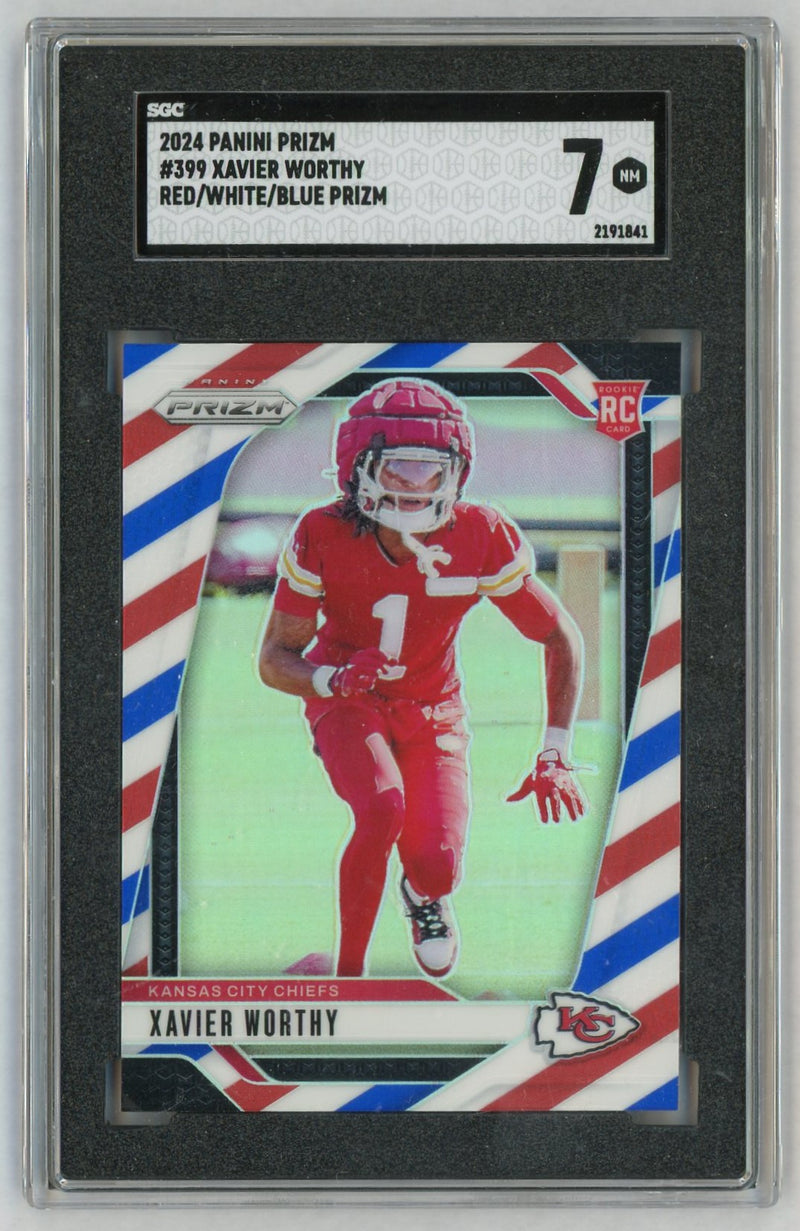 2024 Prizm #399 Xavier Worthy Rookie RC Red/White/Blue SGC 7
