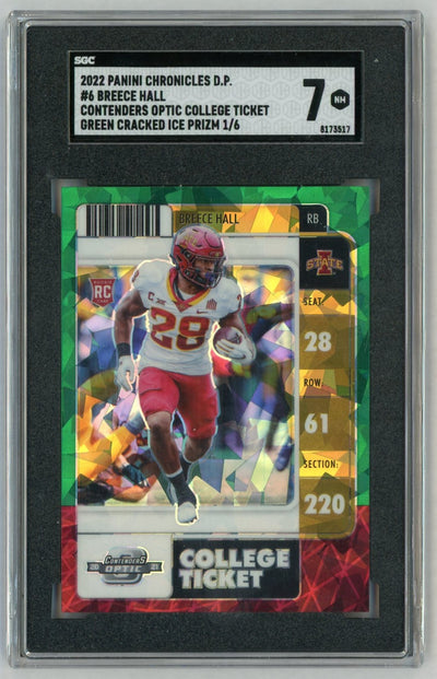 2022 Chronicles Optic Draft Picks #6 Breece Hall FOTL Rookie RC College Ticket Green Cracked Ice /6 SGC 7