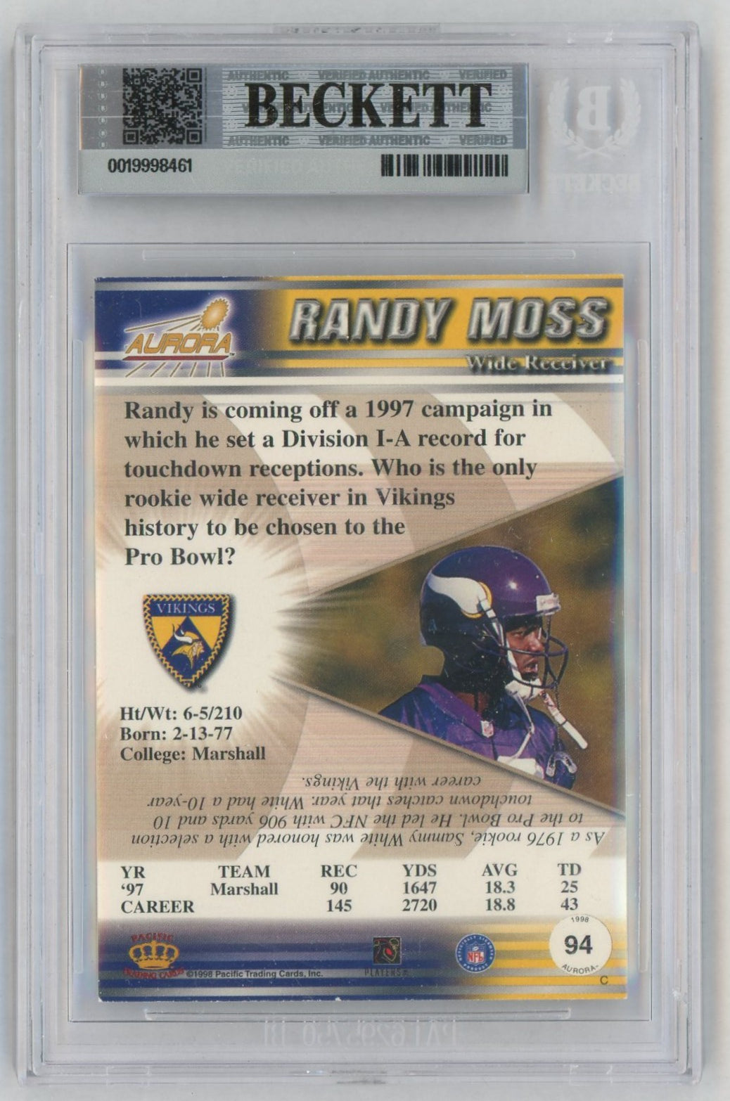 1998 Aurora #94 Randy Moss Rookie RC BGS 7.5