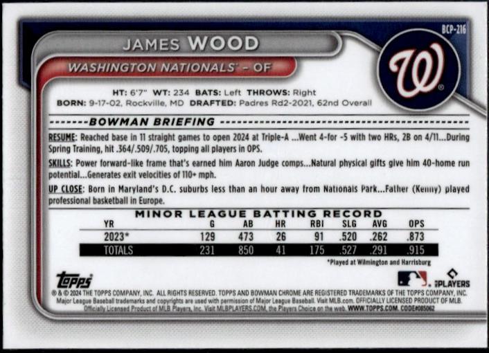 2023 Bowman Chrome #BCP-216 James Wood Gold /50