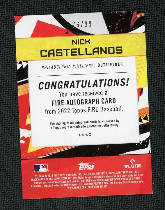 2022 Topps Fire Nick Castellanos Fire Autograph /99 Philadelphia Phillies