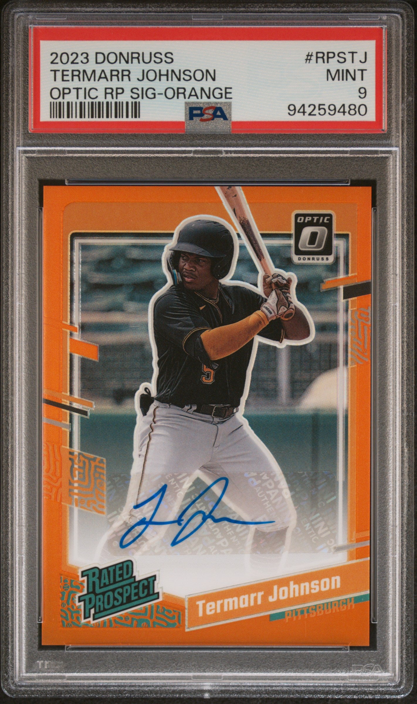 2023 Panini Donruss Optic Rated Signatures Orange Termarr Johnson /25 PSA 9