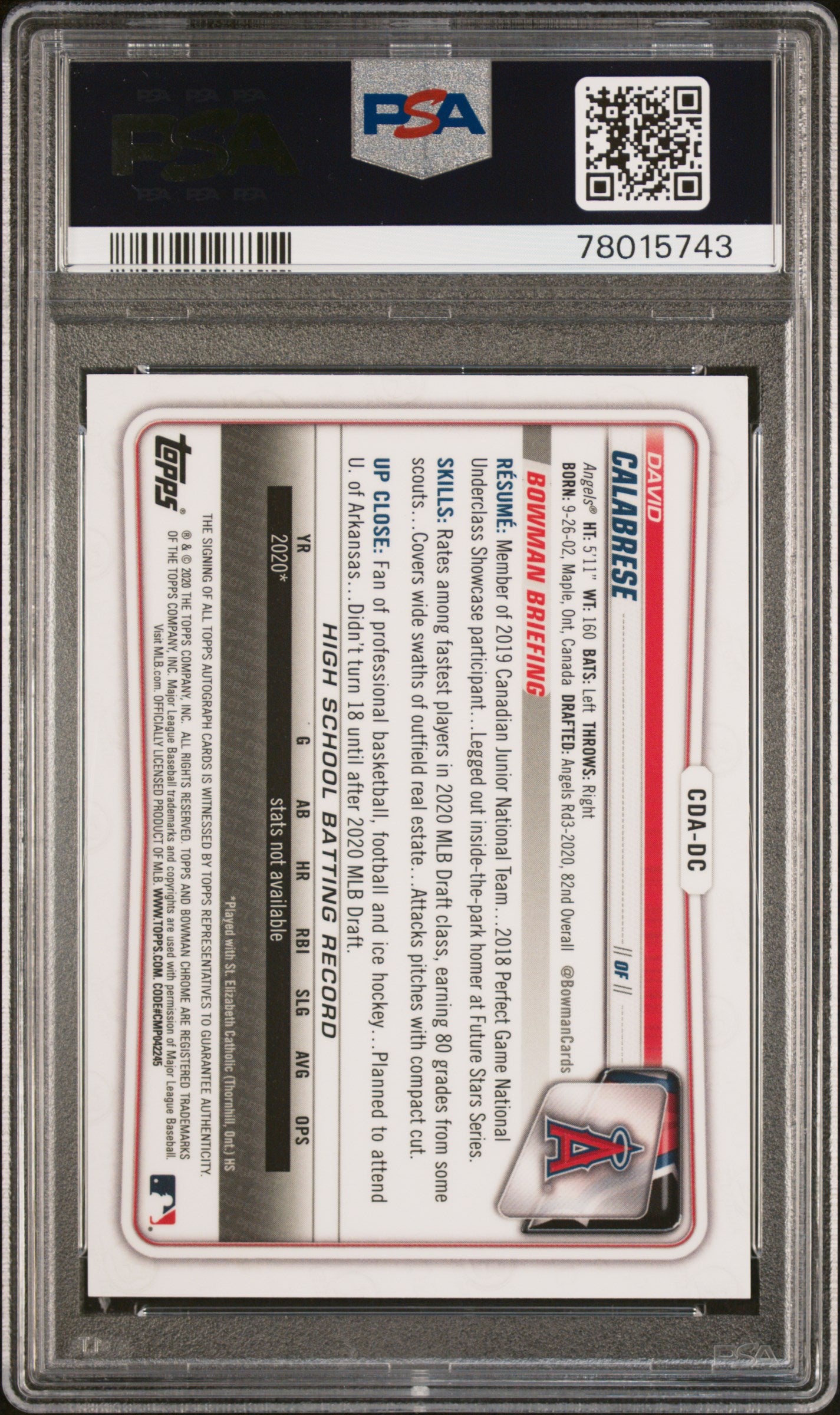 2020 Bowman Draft #CDADC David Calabrese Chrome Autograph Blue Refractor /150 PSA 10