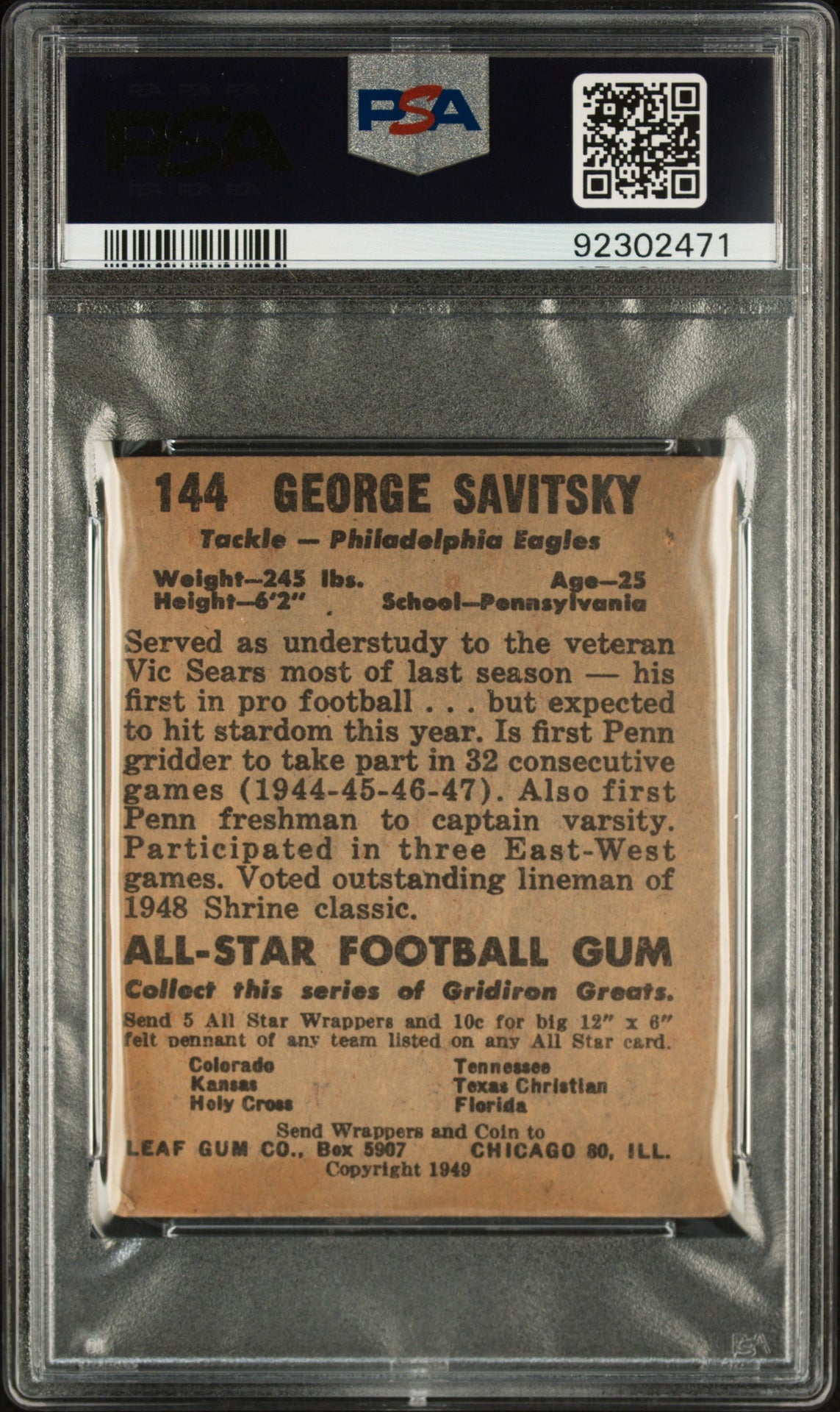 1949 Leaf #144 George Savitsky PSA 2
