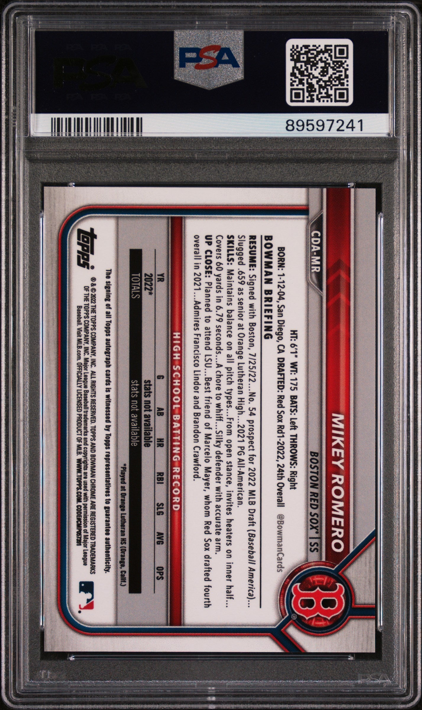 2022 Bowman Draft Blue Refractor Mikey Romero #CDA-MR Auto /150 PSA 8