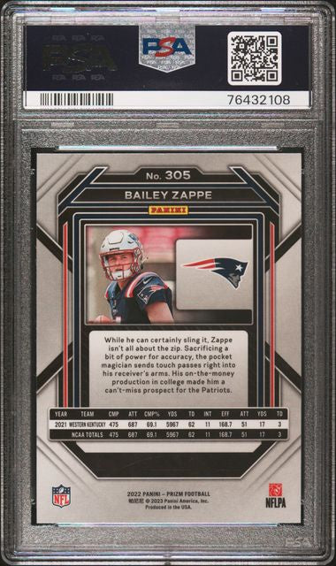 2022 Panini Prizm #305 Bailey Zappe PSA 10