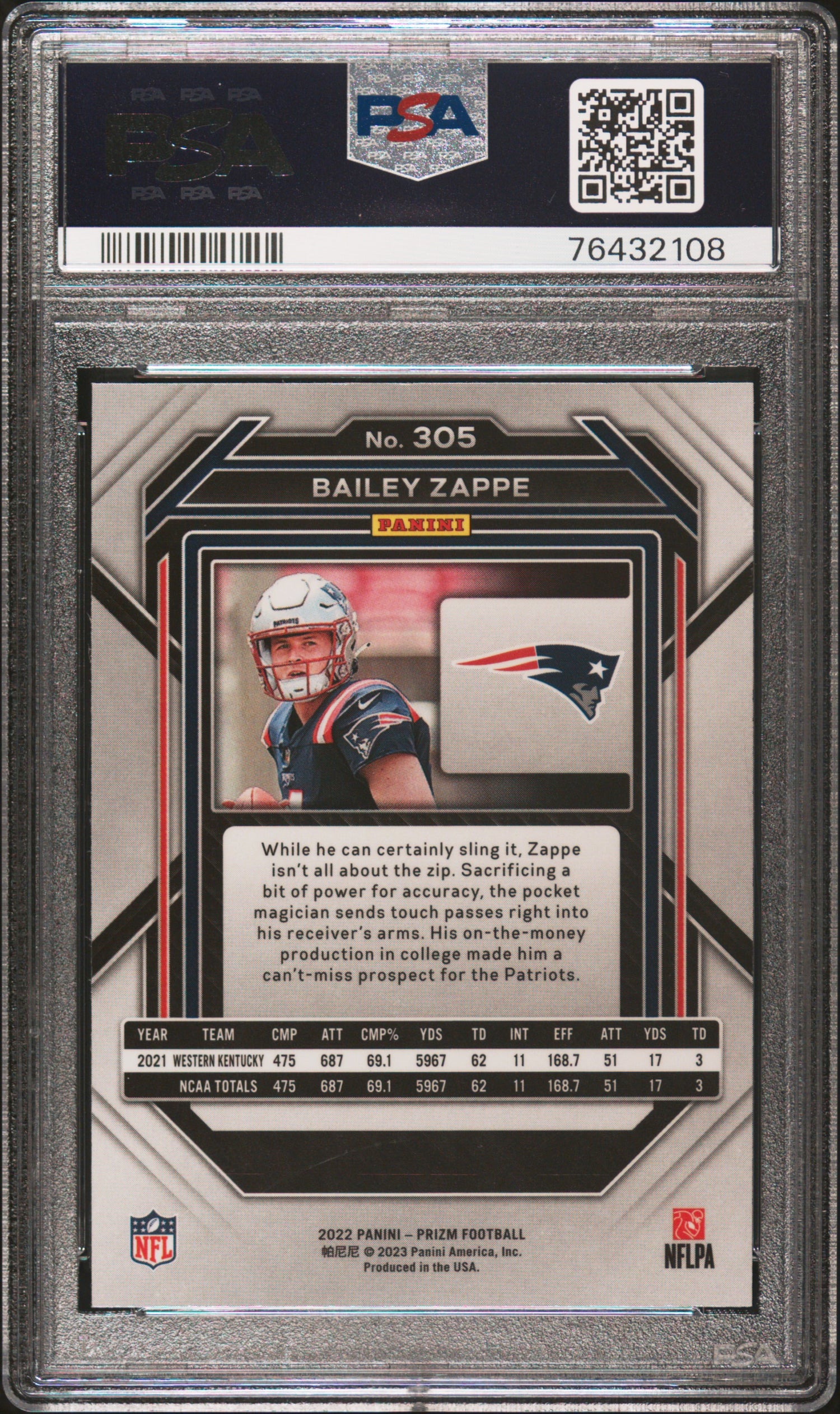 2022 Panini Prizm Bailey Zappe #305 PSA 10 RC