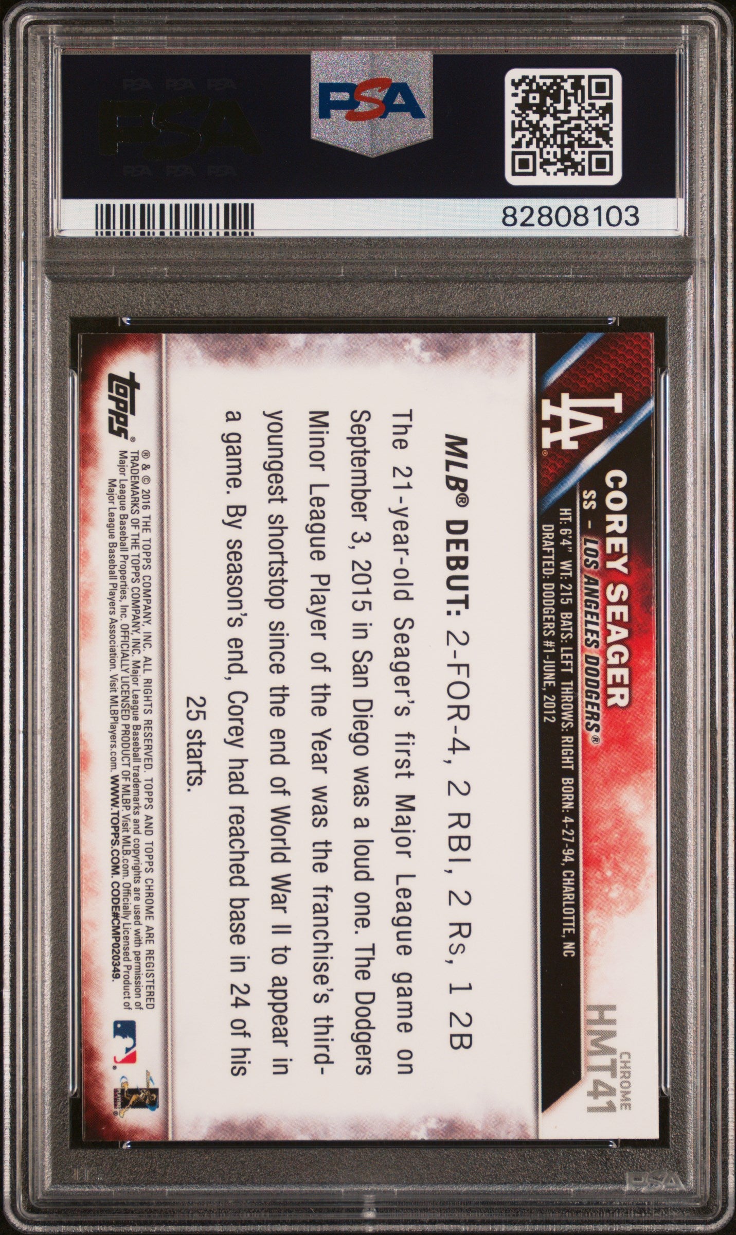 2016 Topps Chrome Update Corey Seager #HMT41 RC PSA 10