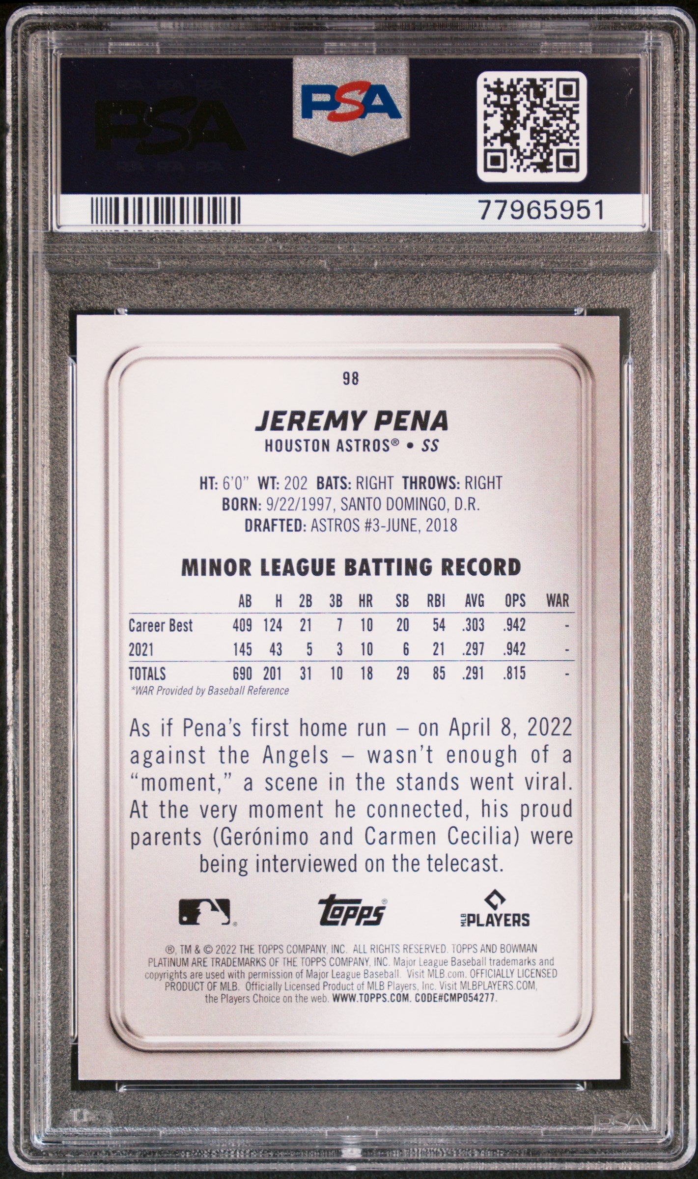 2022 Bowman Platinum Aqua Ice Jeremy Pena #98 RC /250 PSA 10