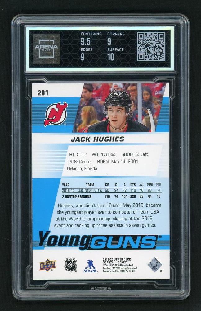 2019 Upper Deck Young Guns 201 Jack Hughes Young Guns Rookie Arena 9.5 Mint Devils