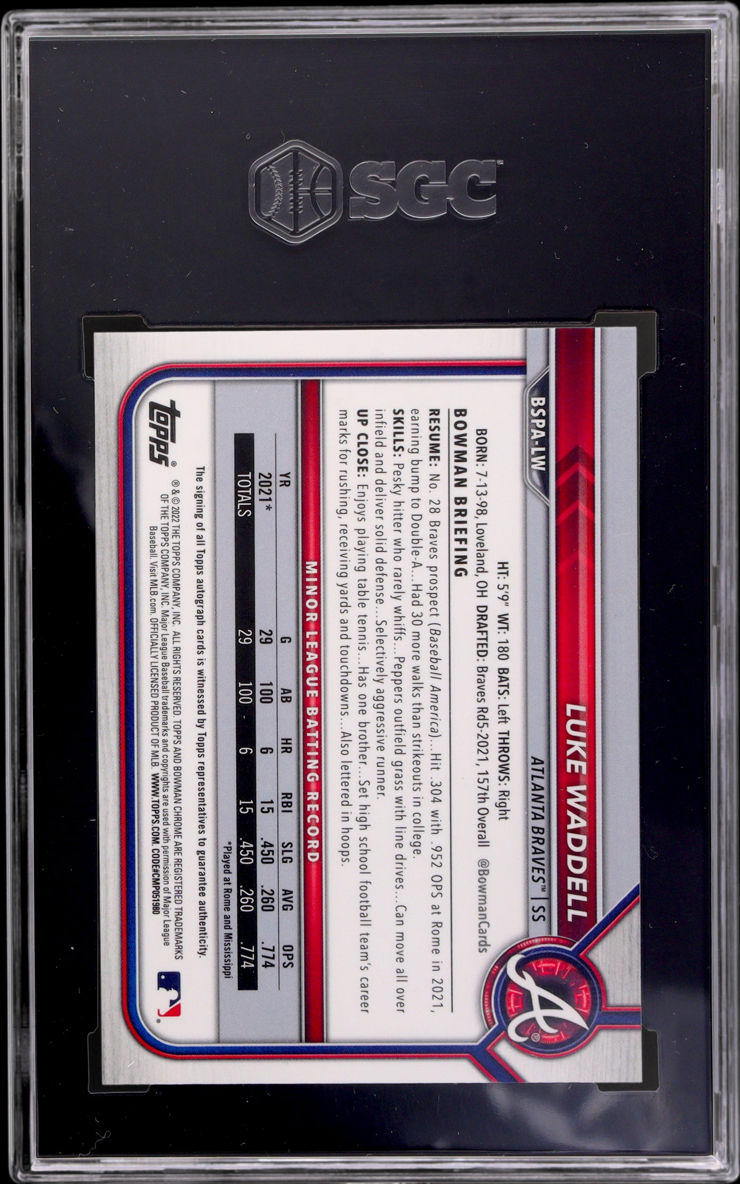 2022 Bowman Chrome Sapphire Prospect Luke Waddell #BSPA-LW Auto SGC 10