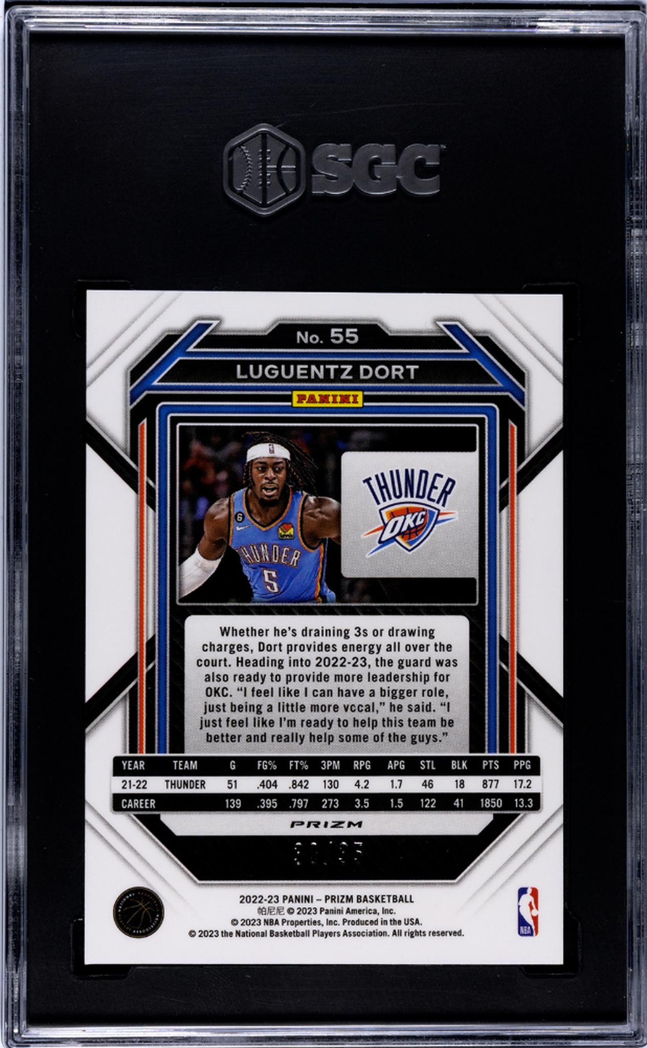 2022-23 Panini Prizm #55 Luguentz Dort Blue Shimmer Prizm /35 SGC 10