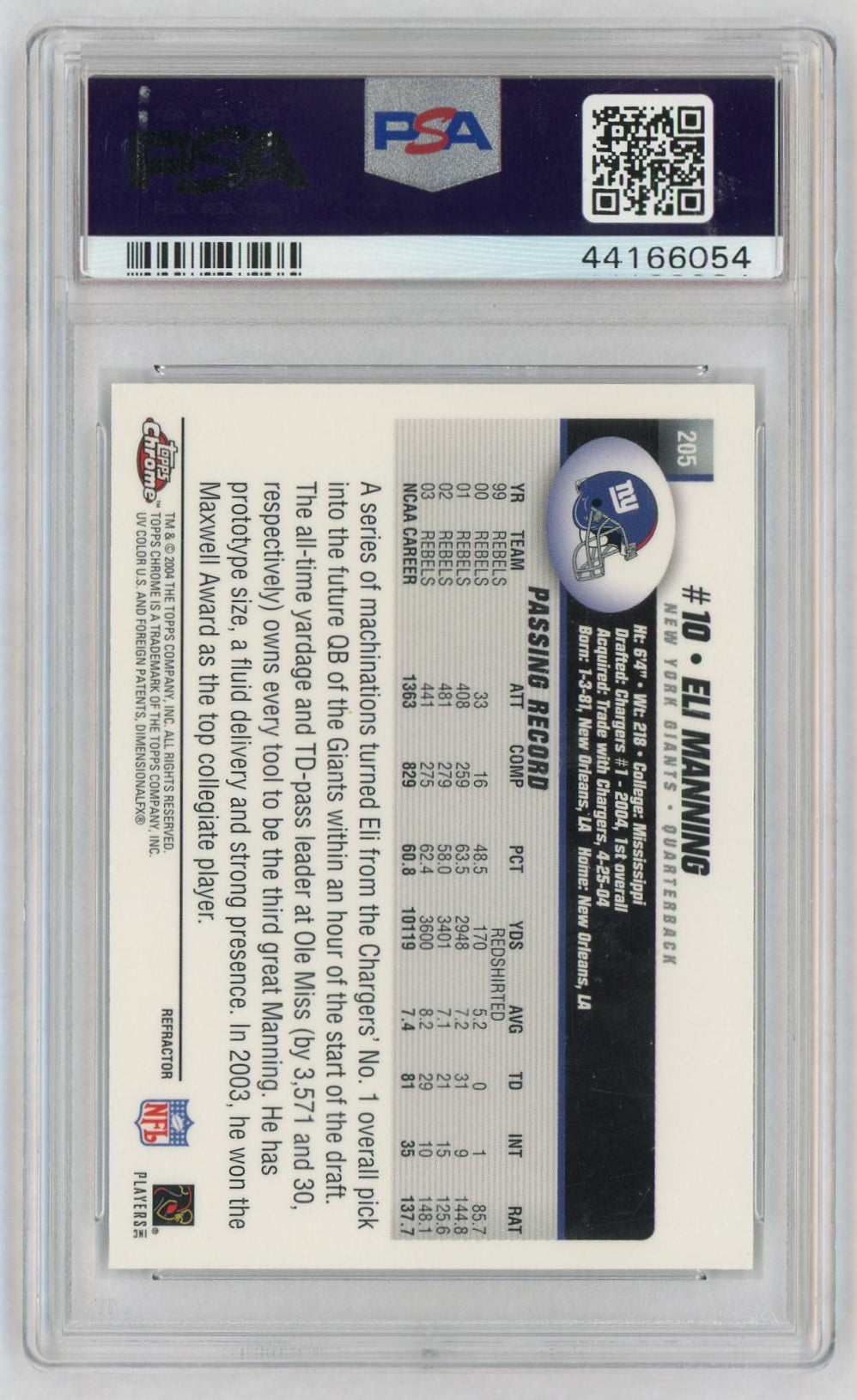 2004 Topps Chrome Refractor Eli Manning #205 PSA 8