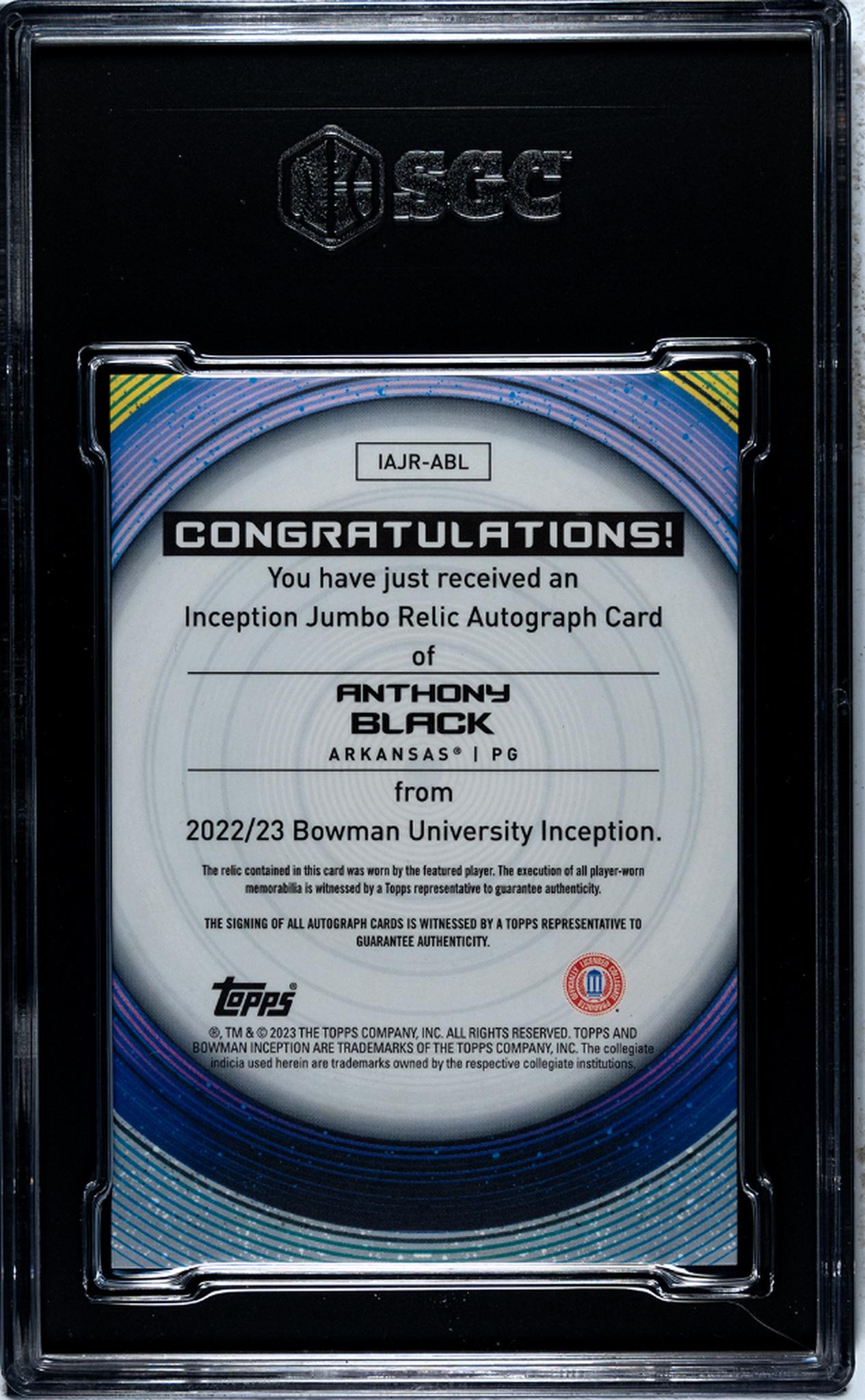 2022 Bowman U Inception #IAJR-ABL Anthony Black Jumbo Relic /199 SGC 10