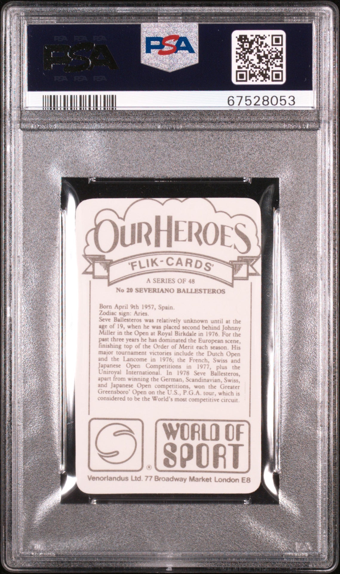 1979 Venorlandus Ltd. Our Heroes World of Sport #20 S. Ballesteros Our Heroes World of Sport PSA 7