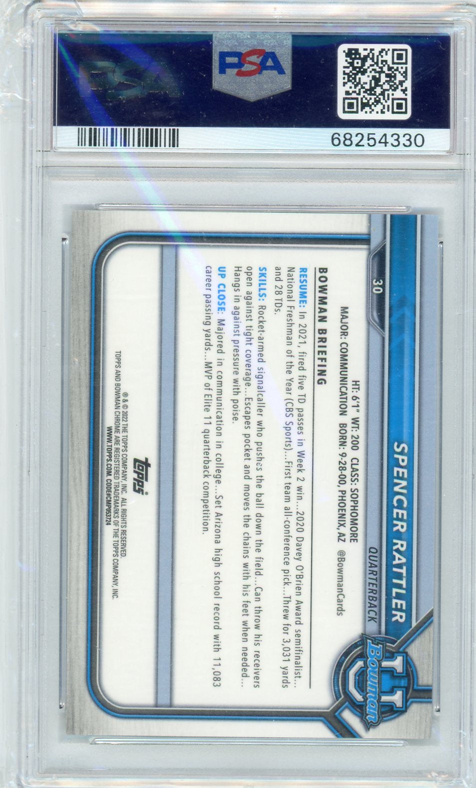 2021 Bowman Chrome Prospects Spencer Rattler #30 PSA 9