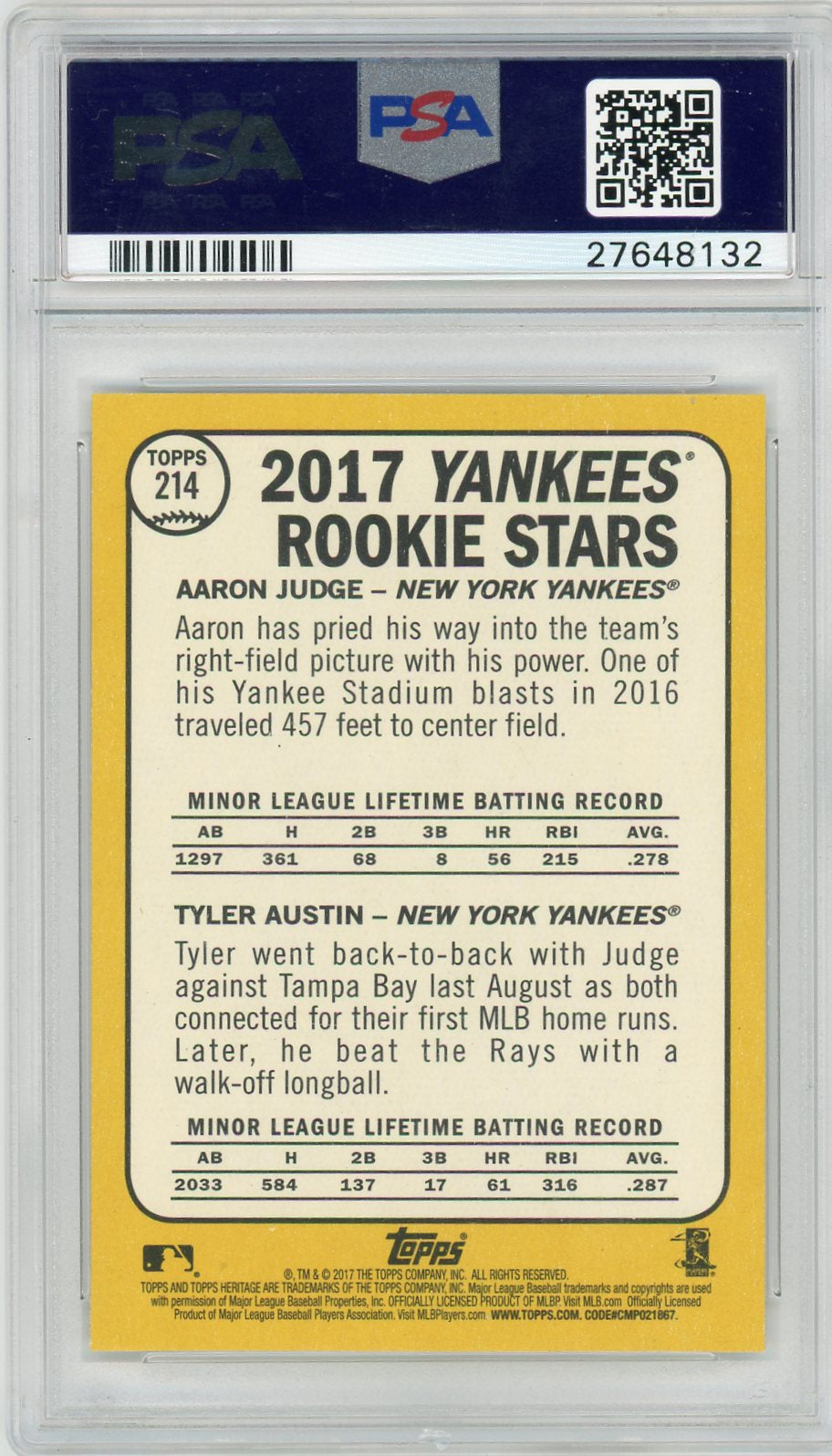 2017 Topps Heritage #214 Aaron Judge/Tyler Austin Rookie Stars PSA 10 Yankees