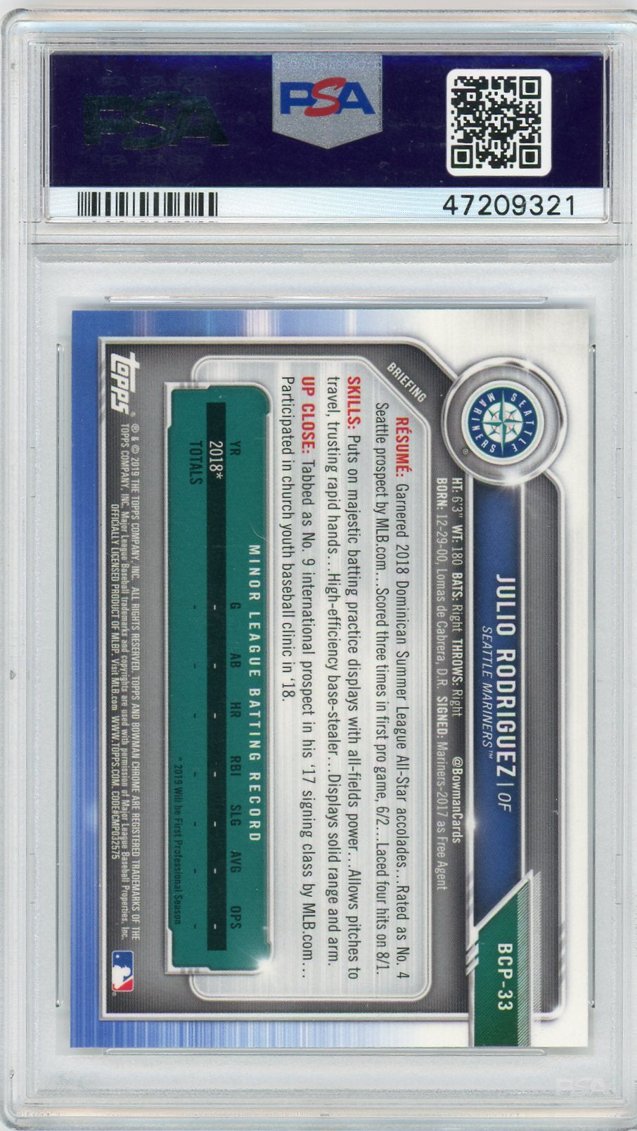 2019 Bowman Chrome #33 Julio Rodriguez Rookie PSA 10 