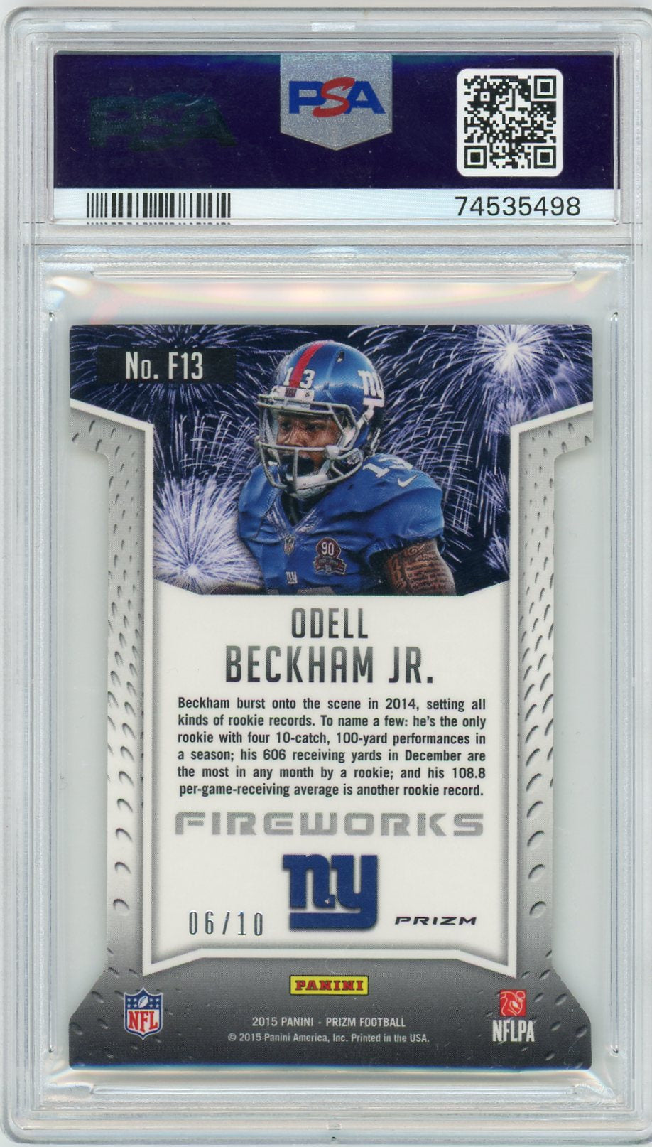 2015 Panini Prizm #F13 Odell Beckham Jr. Fireworks Gold Prizm /10 PSA 9