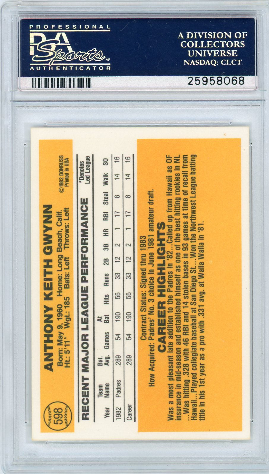 1983 Donruss #598 Tony Gwynn    PSA 9 Mint Padres