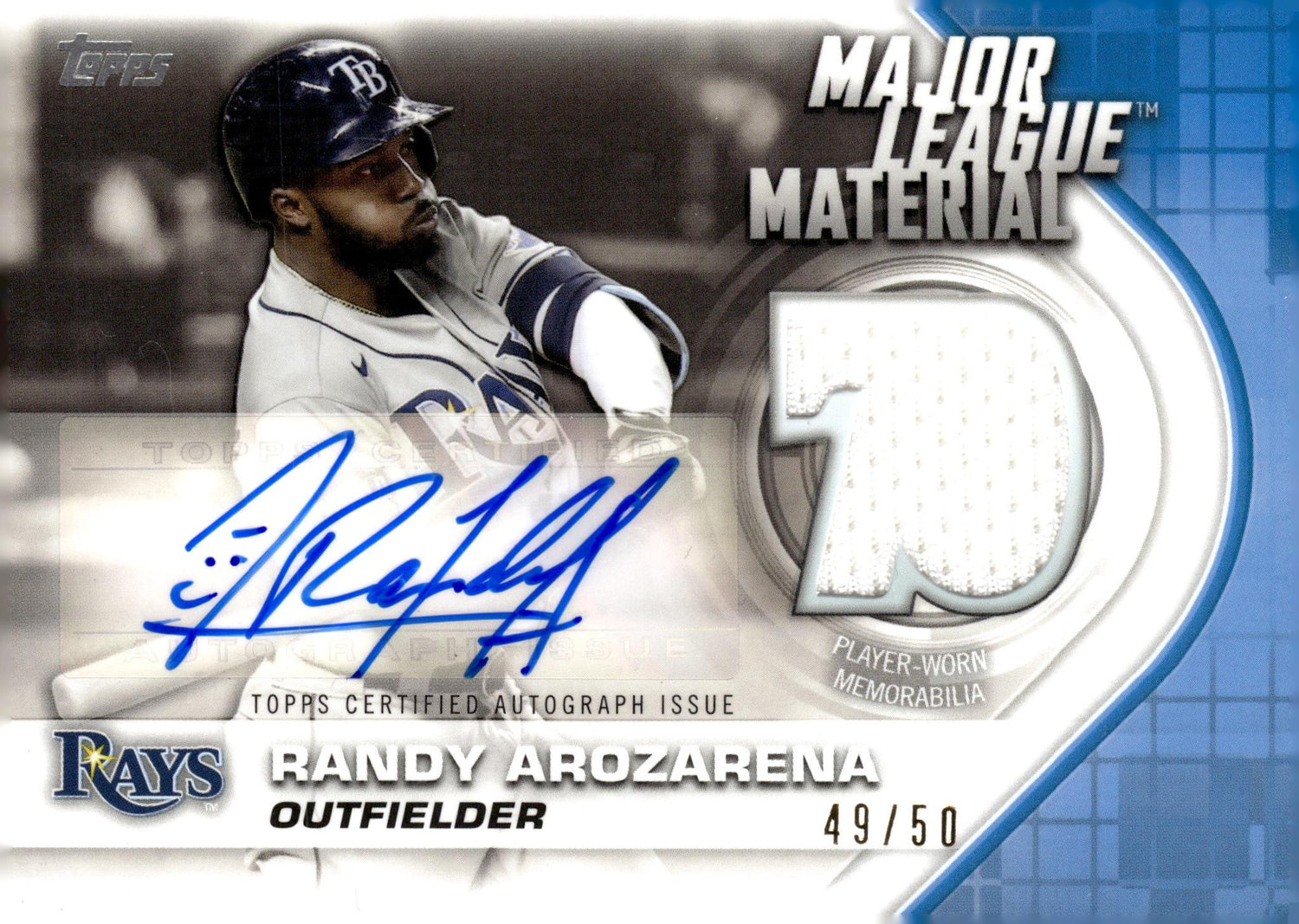 2021 Topps #MLMA-RA Randy Arozarena Major League Material /50 jersey Auto 