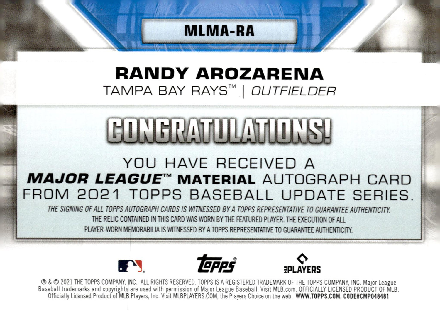 2021 Topps #MLMA-RA Randy Arozarena Major League Material /50 jersey Auto 